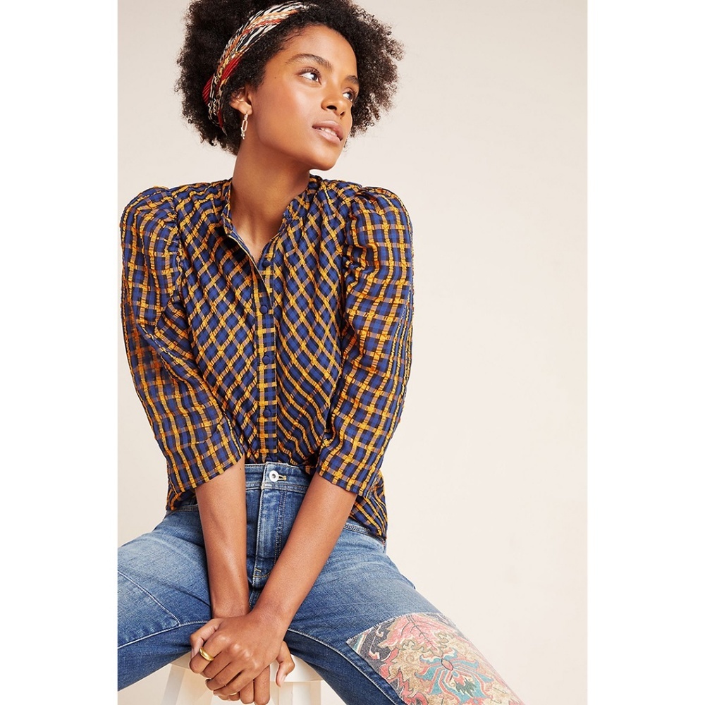 Eva Franco Anthropologie Textured Plaid Puff Sleeve Blouse Button up Shirt